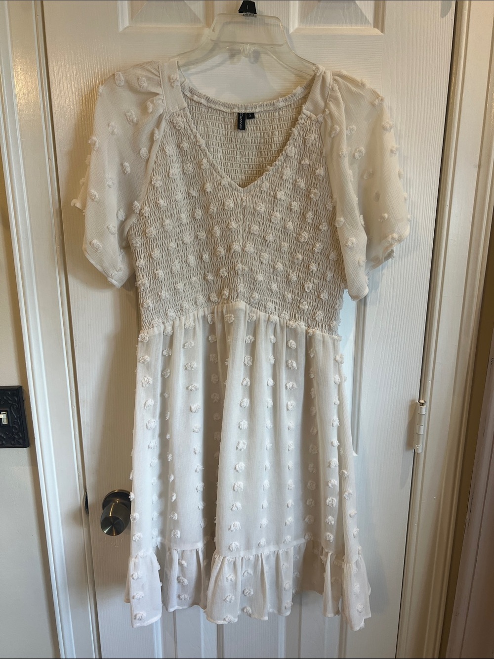 Ivory Textured Swiss Dot Smocked Mini Dress